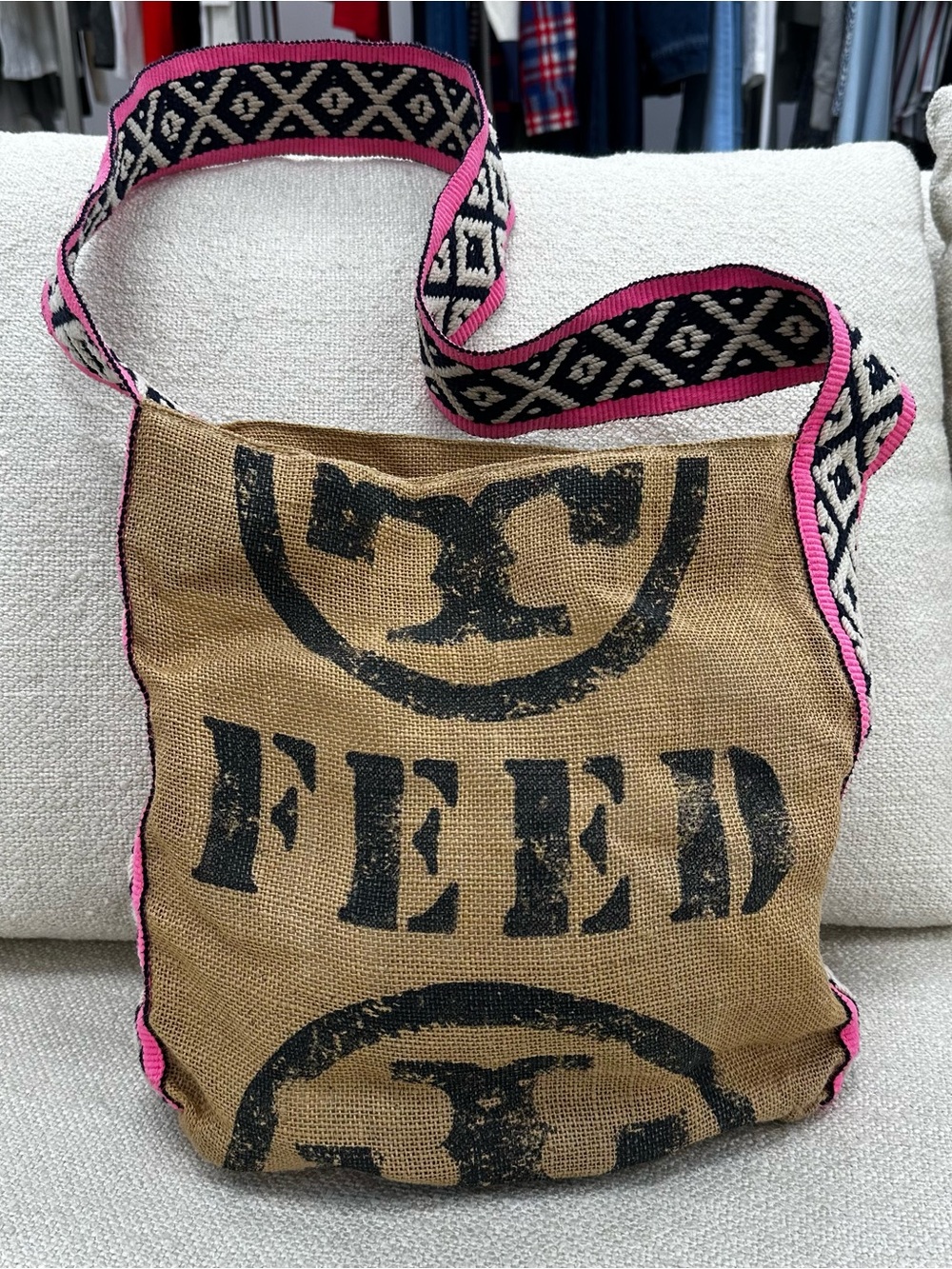TORY BURCH FEED Holt Renfrew Burlap Pink Strap Crossbody Bag EUC